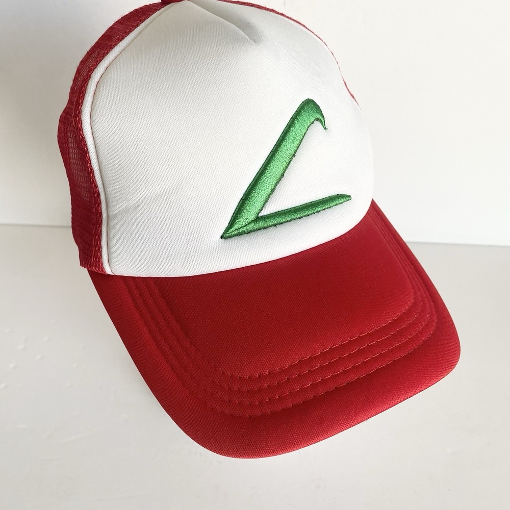 Vtg Ash Ketchum Pokemon Snapback Cap Hat 90s Trucker‎ Red White 3D embroidered